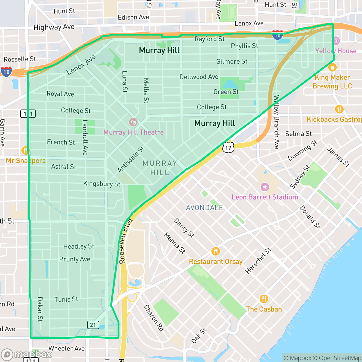Map showing the location of Murray Hill, Jacksonville, FL