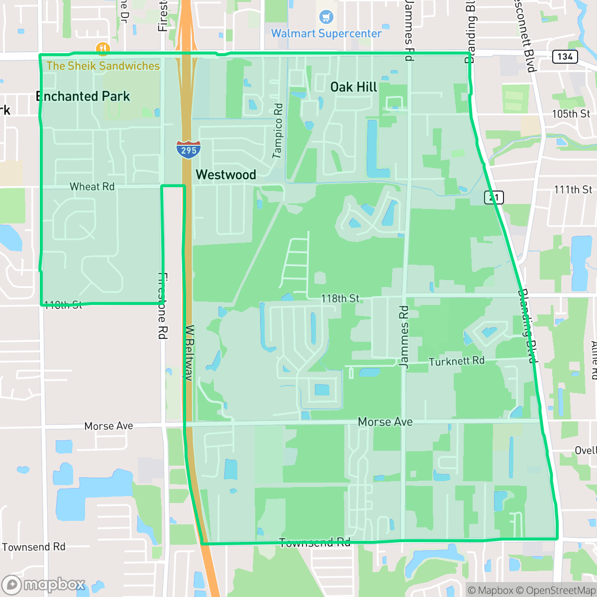 Map showing the location of Oak Hill, Jacksonville, FL