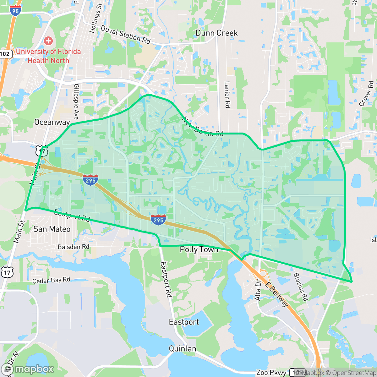 Map showing the location of Oceanway, Jacksonville, FL