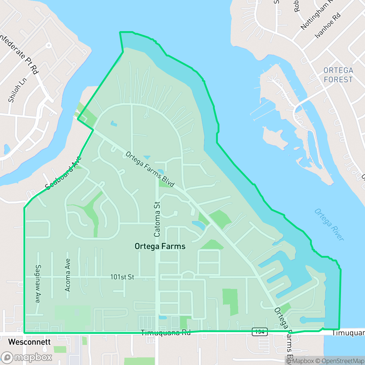 Map showing the location of Ortega Farms, Jacksonville, FL
