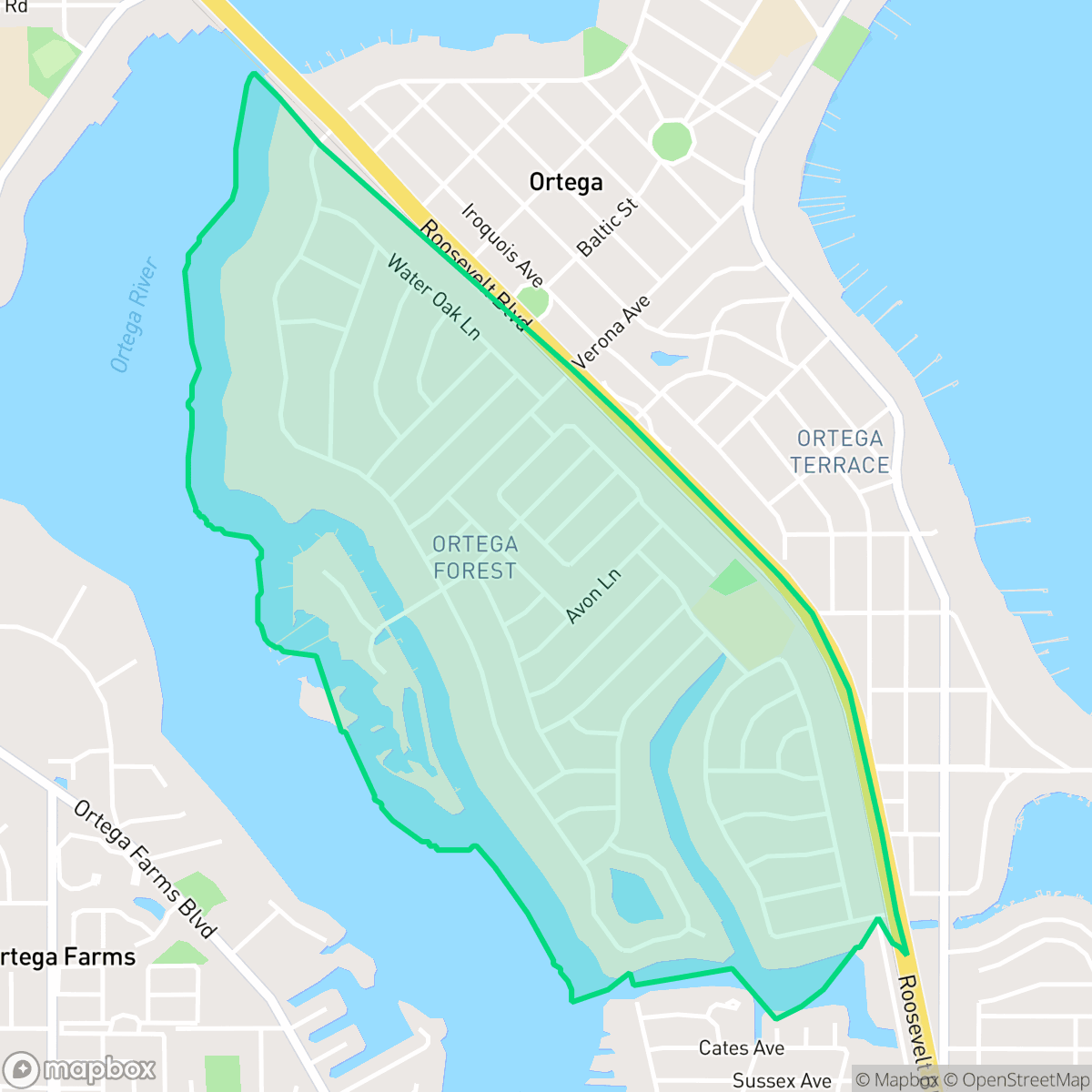 Map showing the location of Ortega Forest, Jacksonville, FL