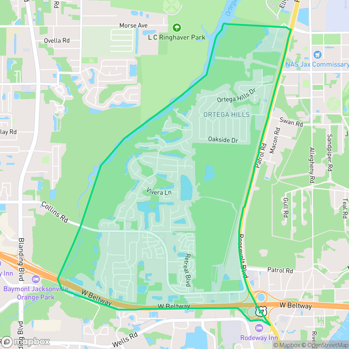 Map showing the location of Ortega Hills, Jacksonville, FL