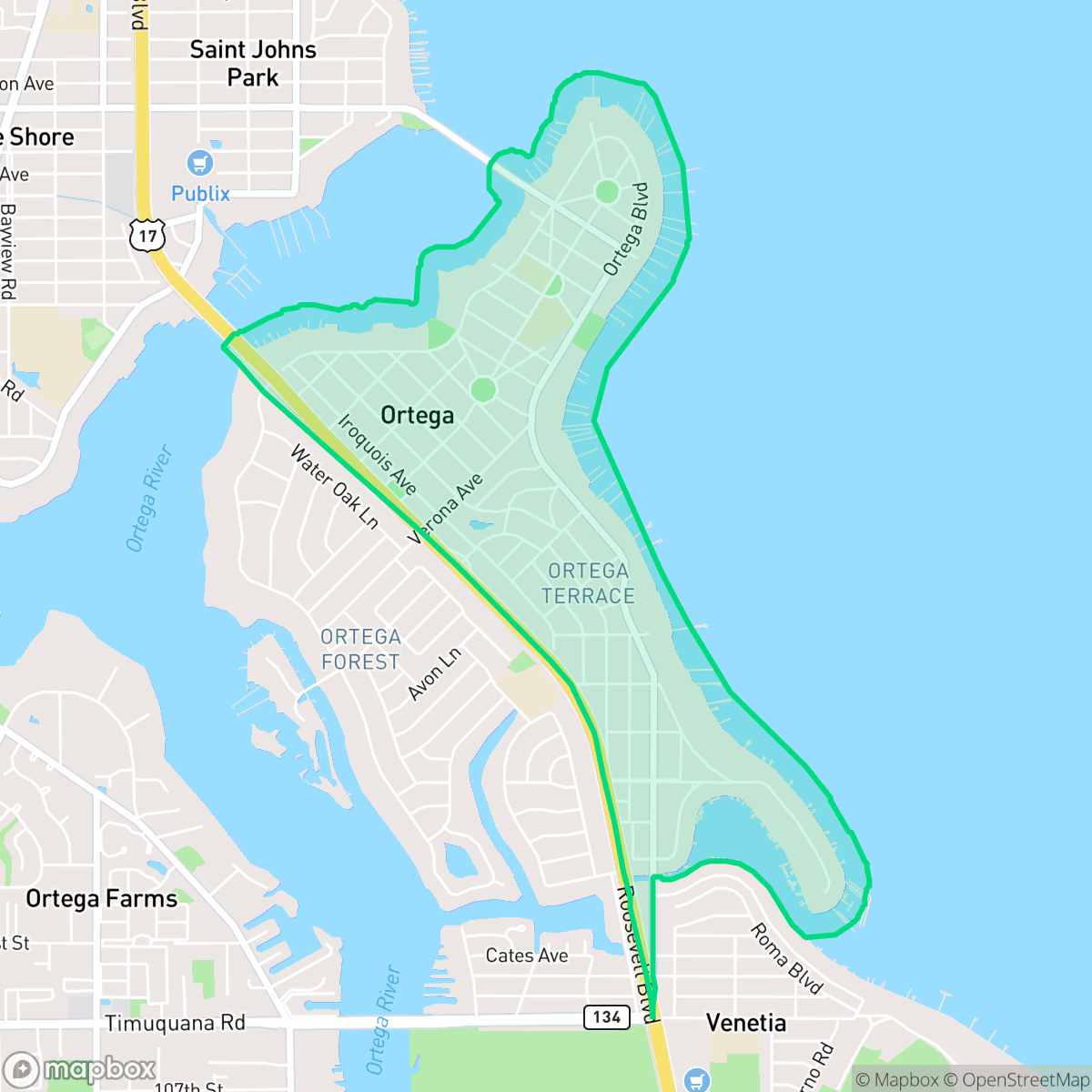 Map showing the location of Ortega, Jacksonville, FL