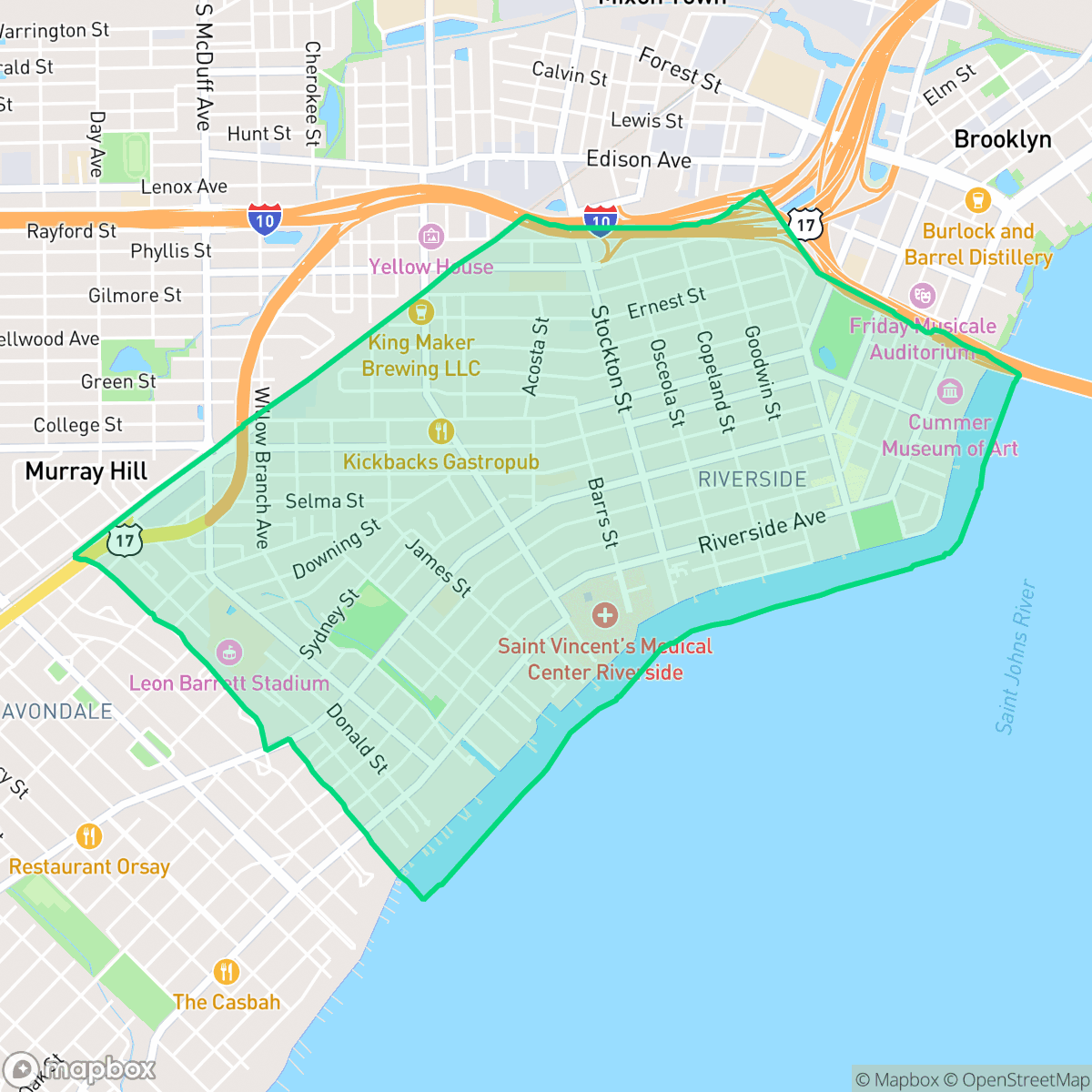 Map showing the location of Riverside, Jacksonville, FL