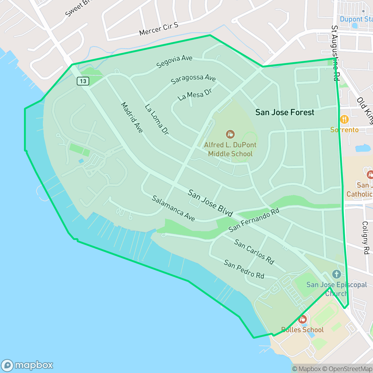 Map showing the location of San Jose Forest, Jacksonville, FL
