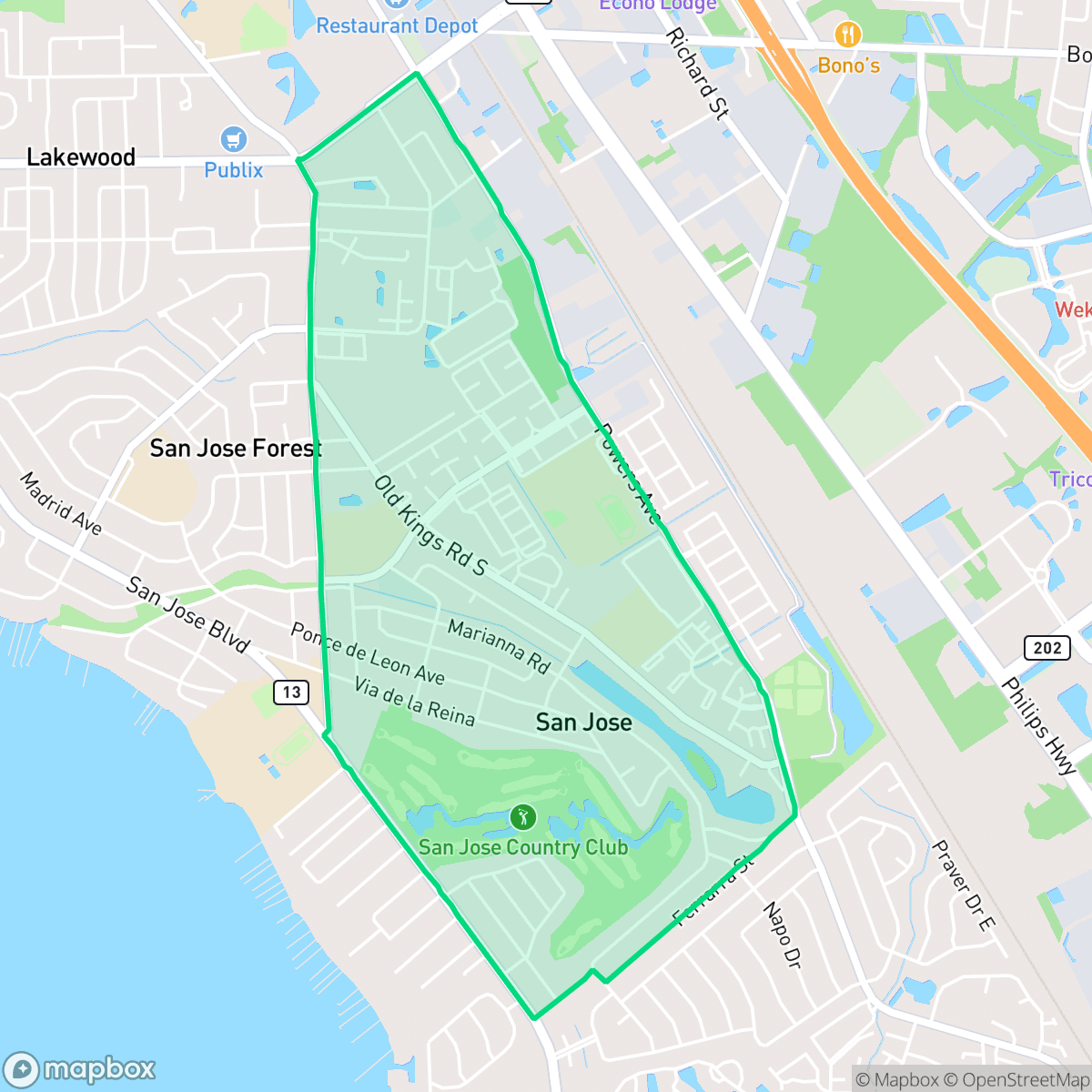 Map showing the location of San Jose, Jacksonville, FL