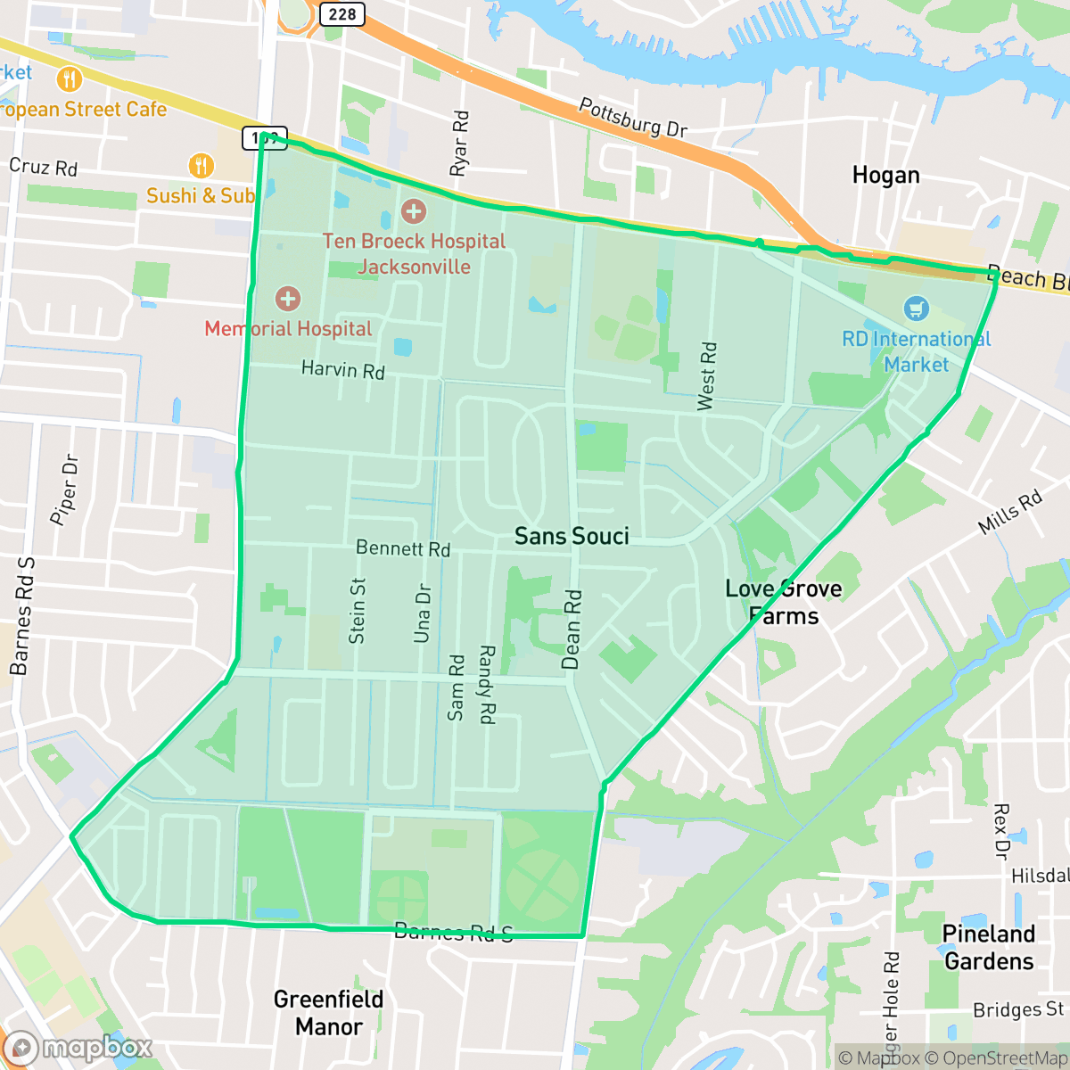 Map showing the location of Sans Souci, Jacksonville, FL