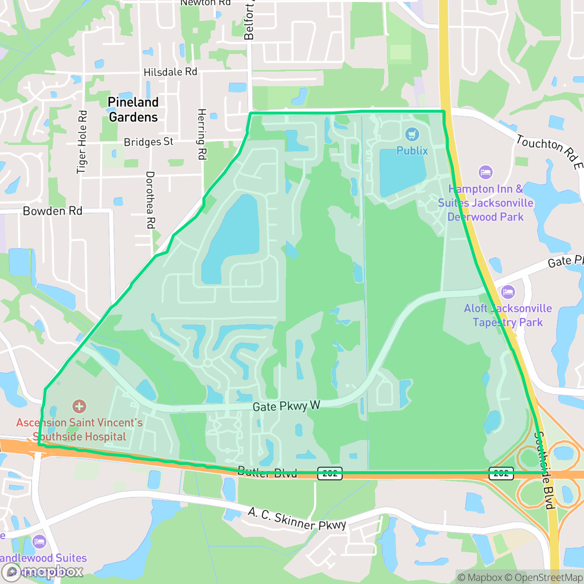 Map showing the location of Secret Cove, Jacksonville, FL