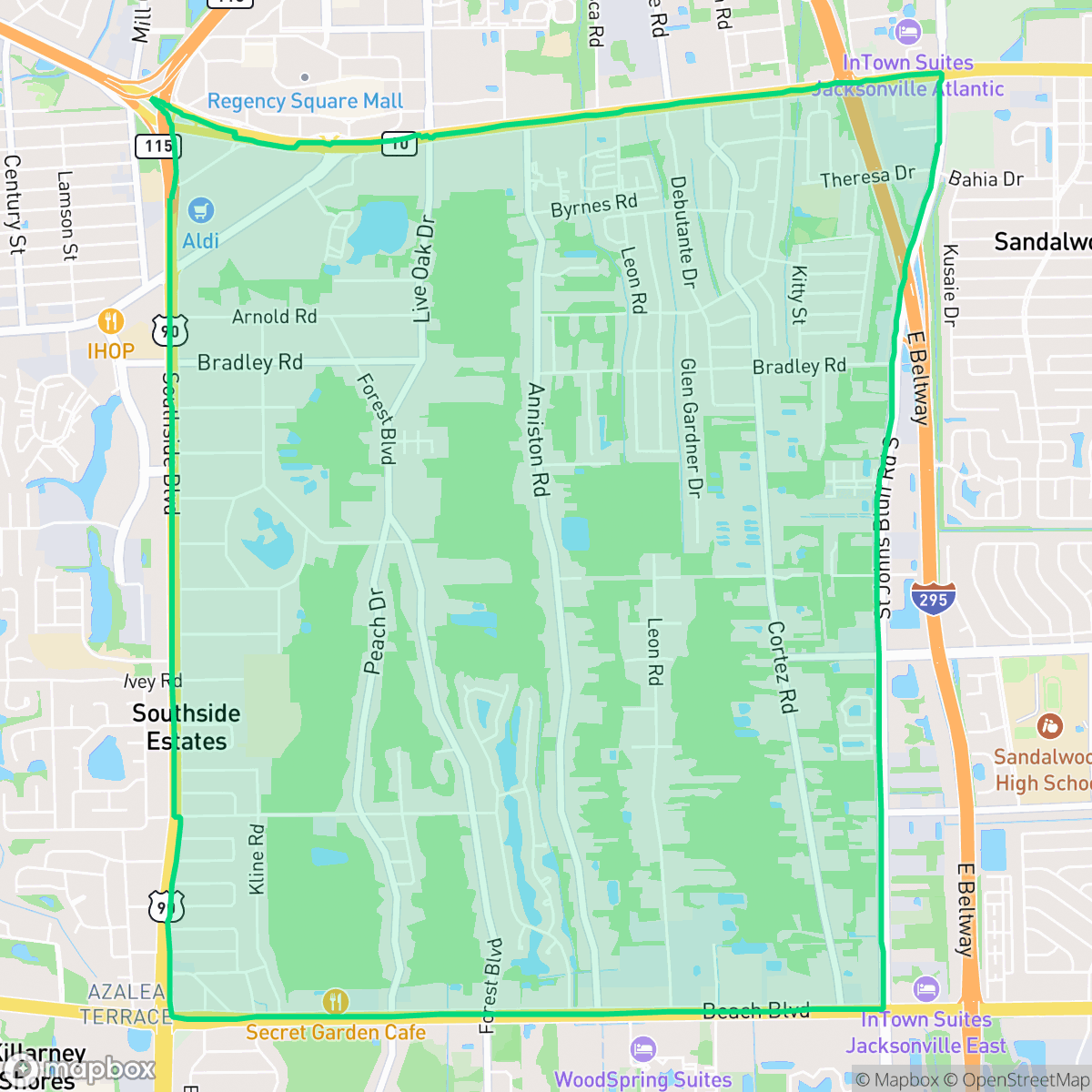 Map showing the location of Southside Estates, Jacksonville, FL