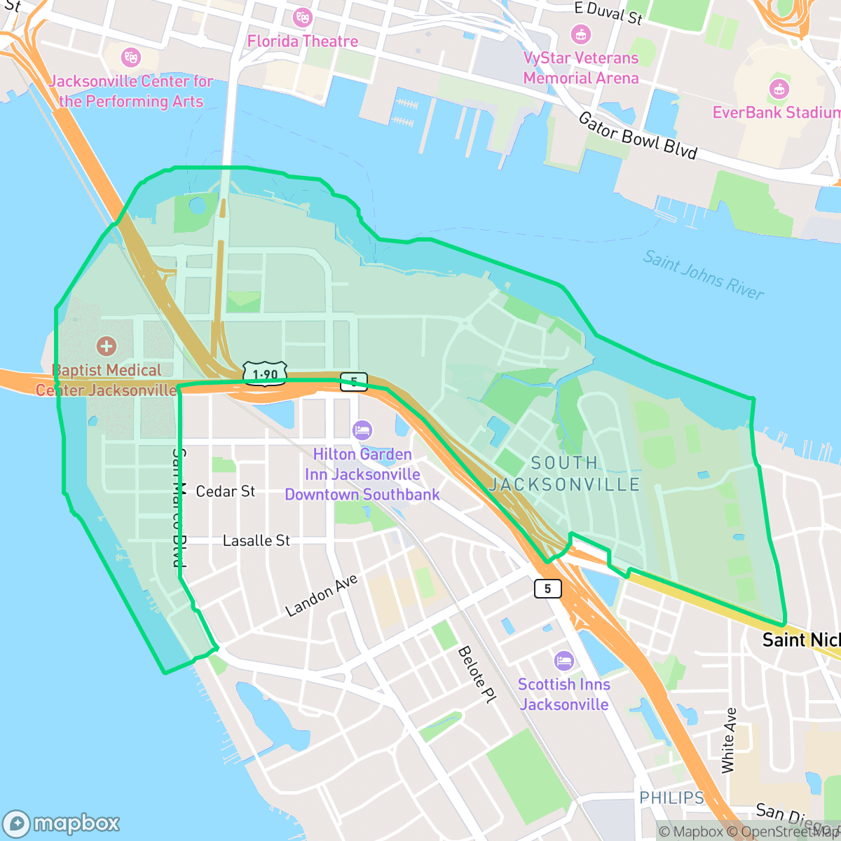 Map showing the location of Southside, Jacksonville, FL