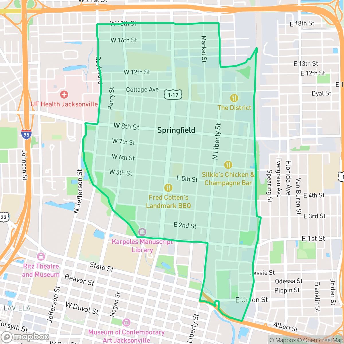 Map showing the location of Springfield, Jacksonville, FL