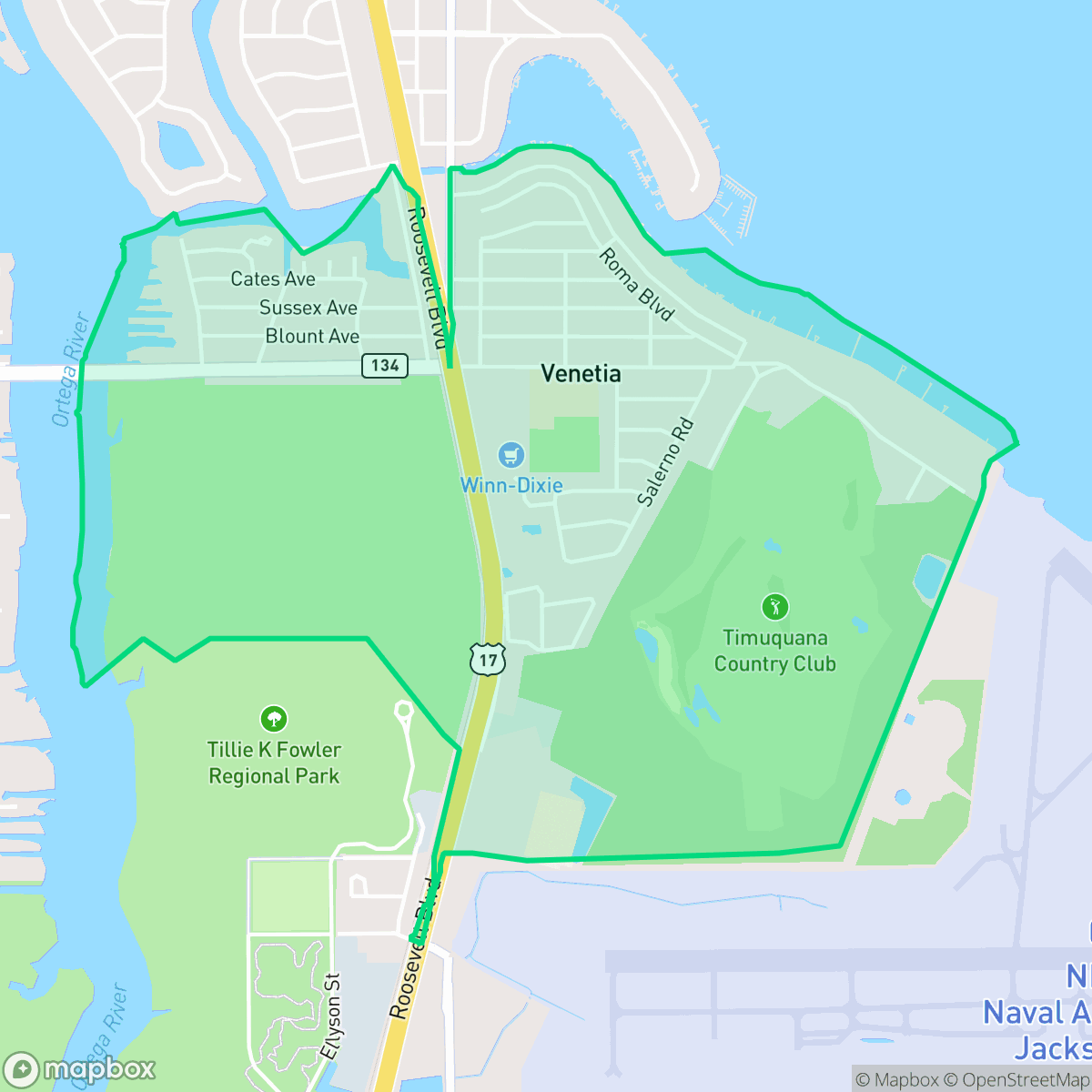 Map showing the location of Venetia, Jacksonville, FL