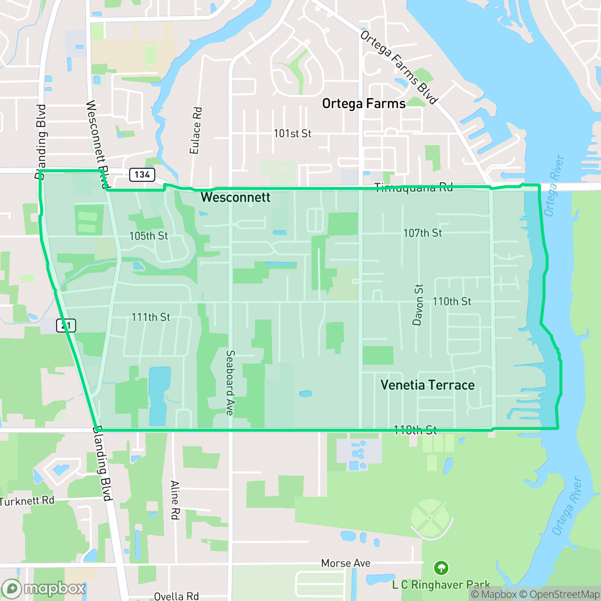 Map showing the location of Wesconnett, Jacksonville, FL