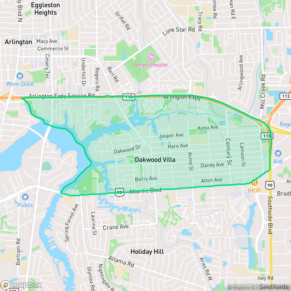 Map showing the location of Woodland Acres, Jacksonville, FL