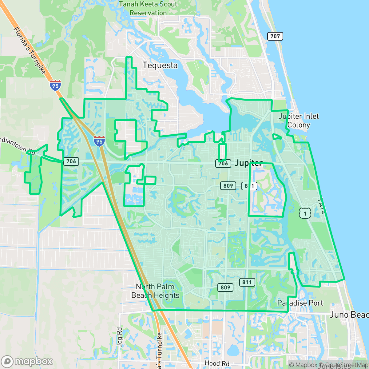 Map showing the location of Jupiter, FL — coverage area