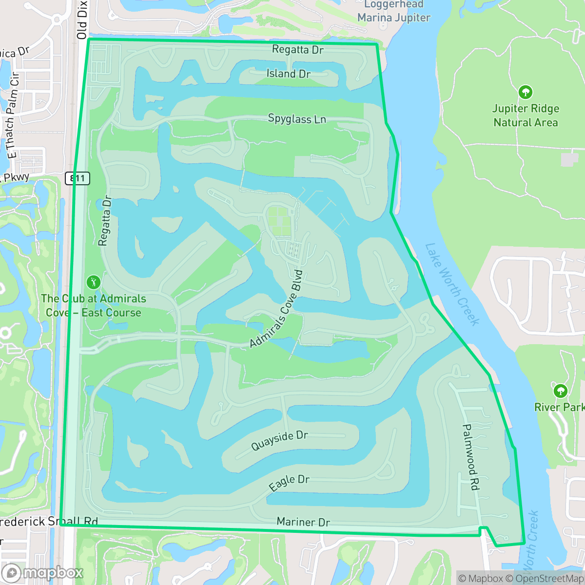 Map showing the location of Admirals Cove, Jupiter, FL