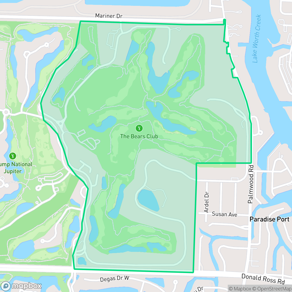 Map showing the location of Bear's Club, Jupiter, FL