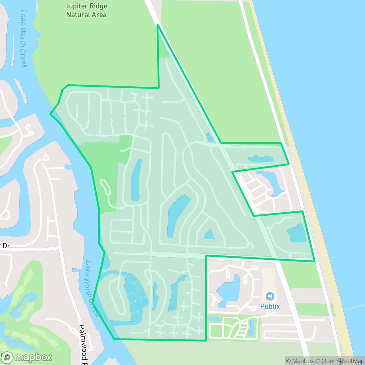 Map showing the location of Bluffs, Jupiter, FL