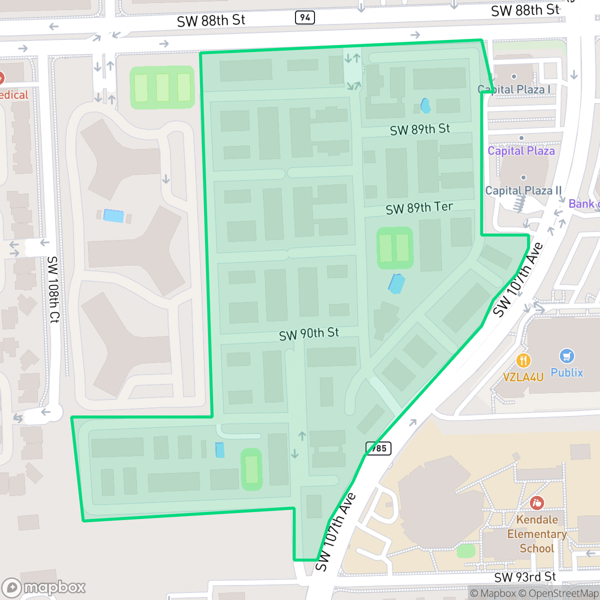 Map showing the location of Spanish Trace Condominums, Kendall, FL