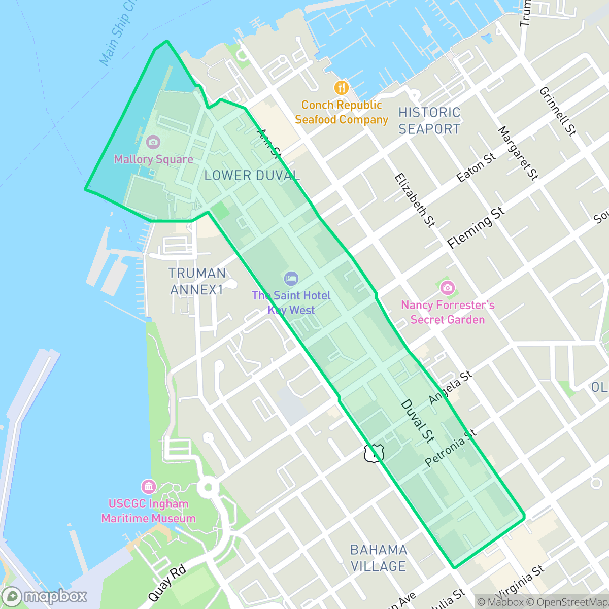 Map showing the location of Duvall Street, Key West, FL