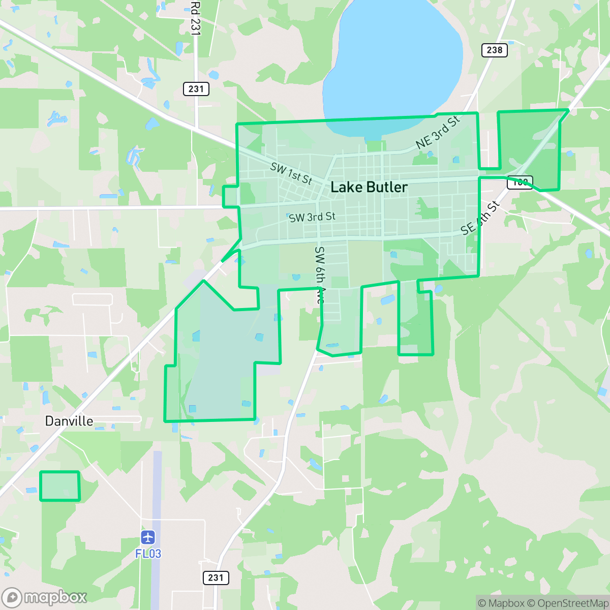 Map showing the location of Lake Butler, FL — coverage area