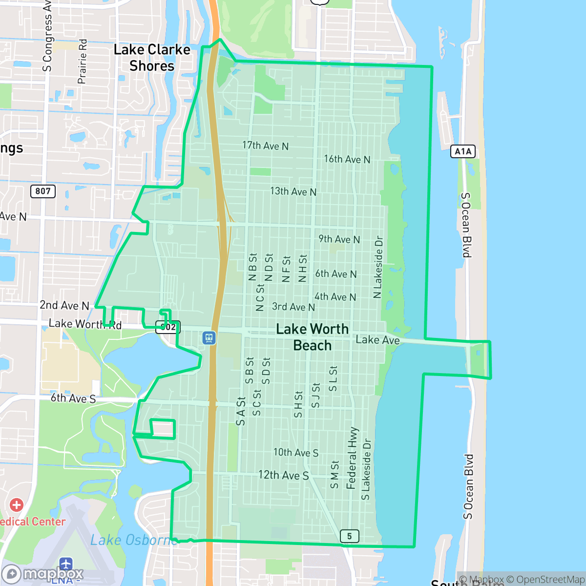 Map showing the location of Lake Worth Beach, FL — coverage area