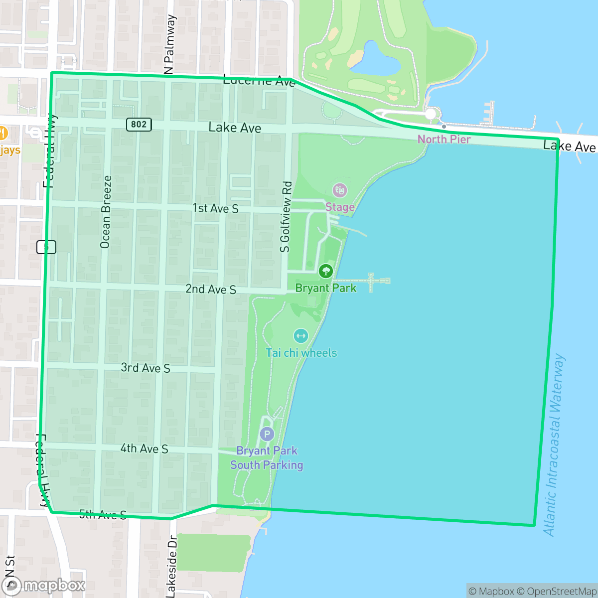 Map showing the location of Bryant Park, Lake Worth Beach, FL