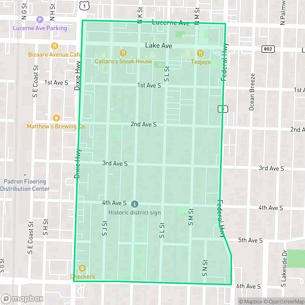 Map showing the location of Downtown Jewel, Lake Worth Beach, FL