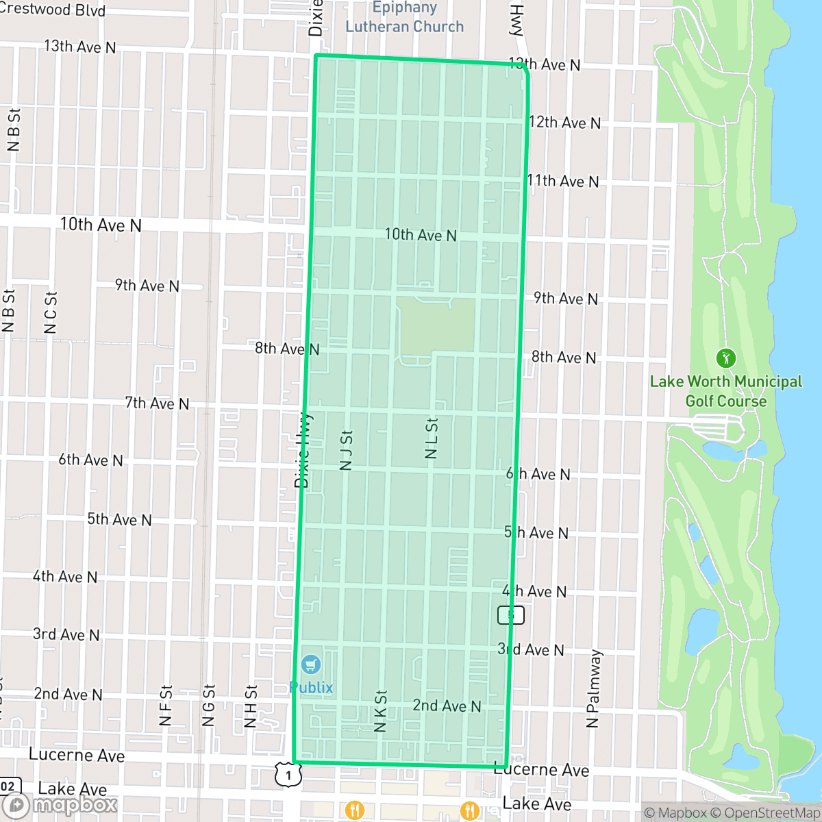 Map showing the location of Mango Groves, Lake Worth Beach, FL
