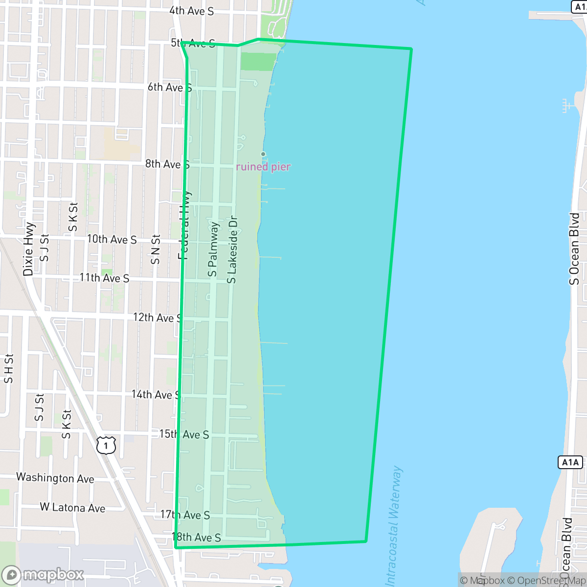Map showing the location of South Palm Park, Lake Worth Beach, FL