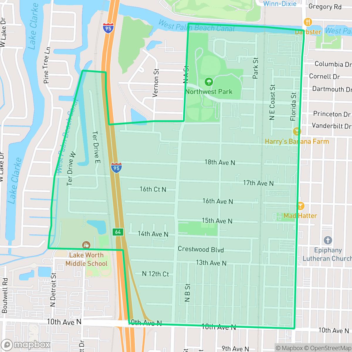 Map showing the location of Sunset Ridge, Lake Worth Beach, FL