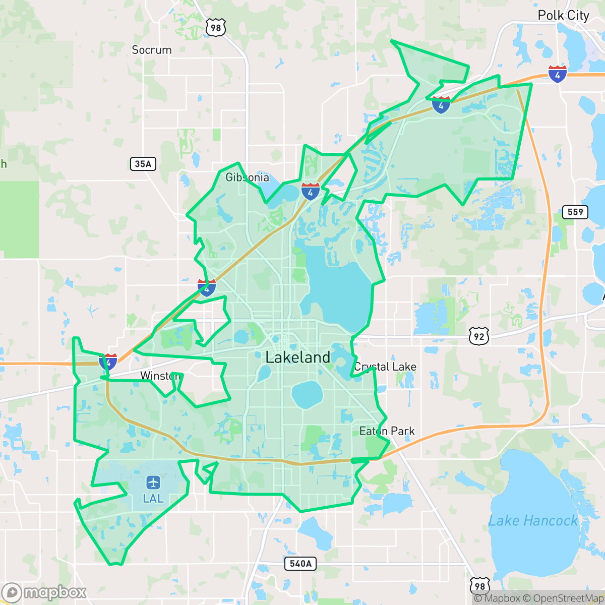 Map showing the location of Lakeland, FL — coverage area