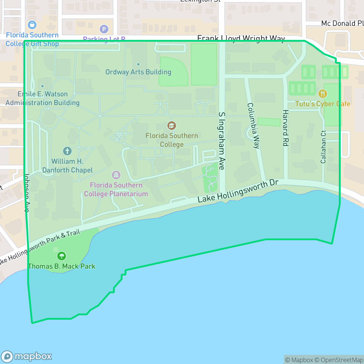 Map showing the location of Florida Southern College, Lakeland, FL
