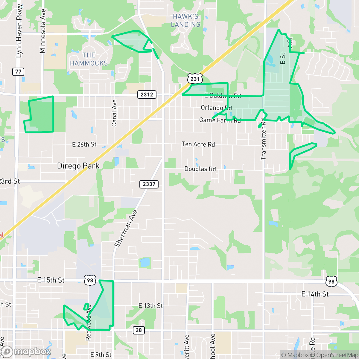 Map showing the location of Hiland Park, Lynn Haven, FL