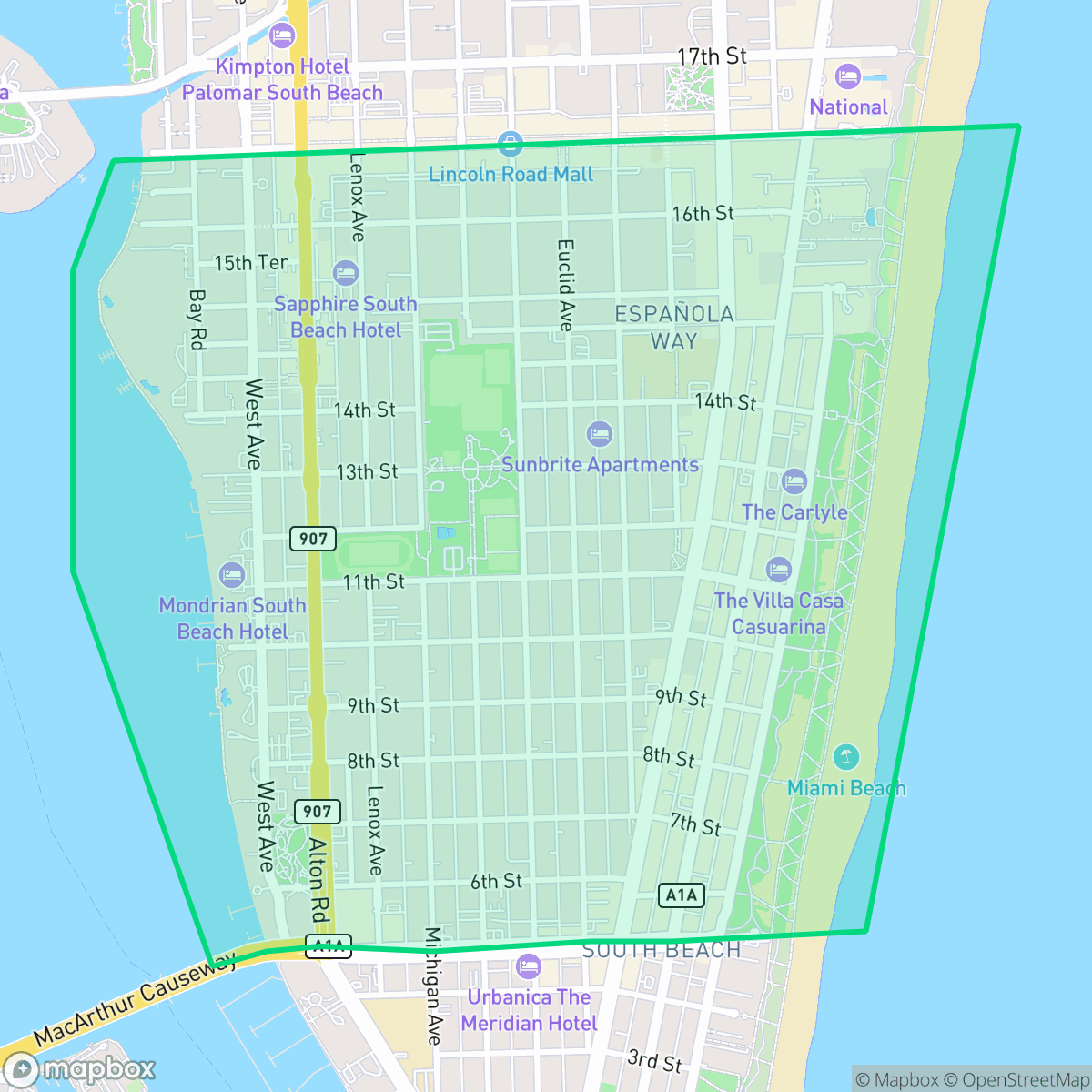 Map showing the location of Flamingo Lummus, Miami Beach, FL