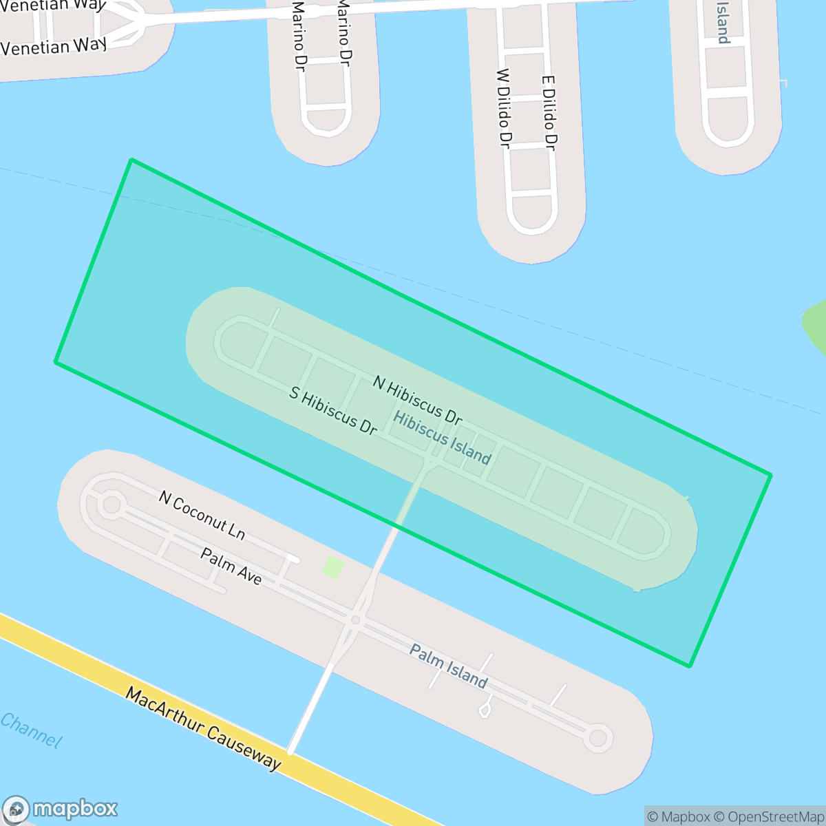 Map showing the location of Hibiscus Island, Miami Beach, FL