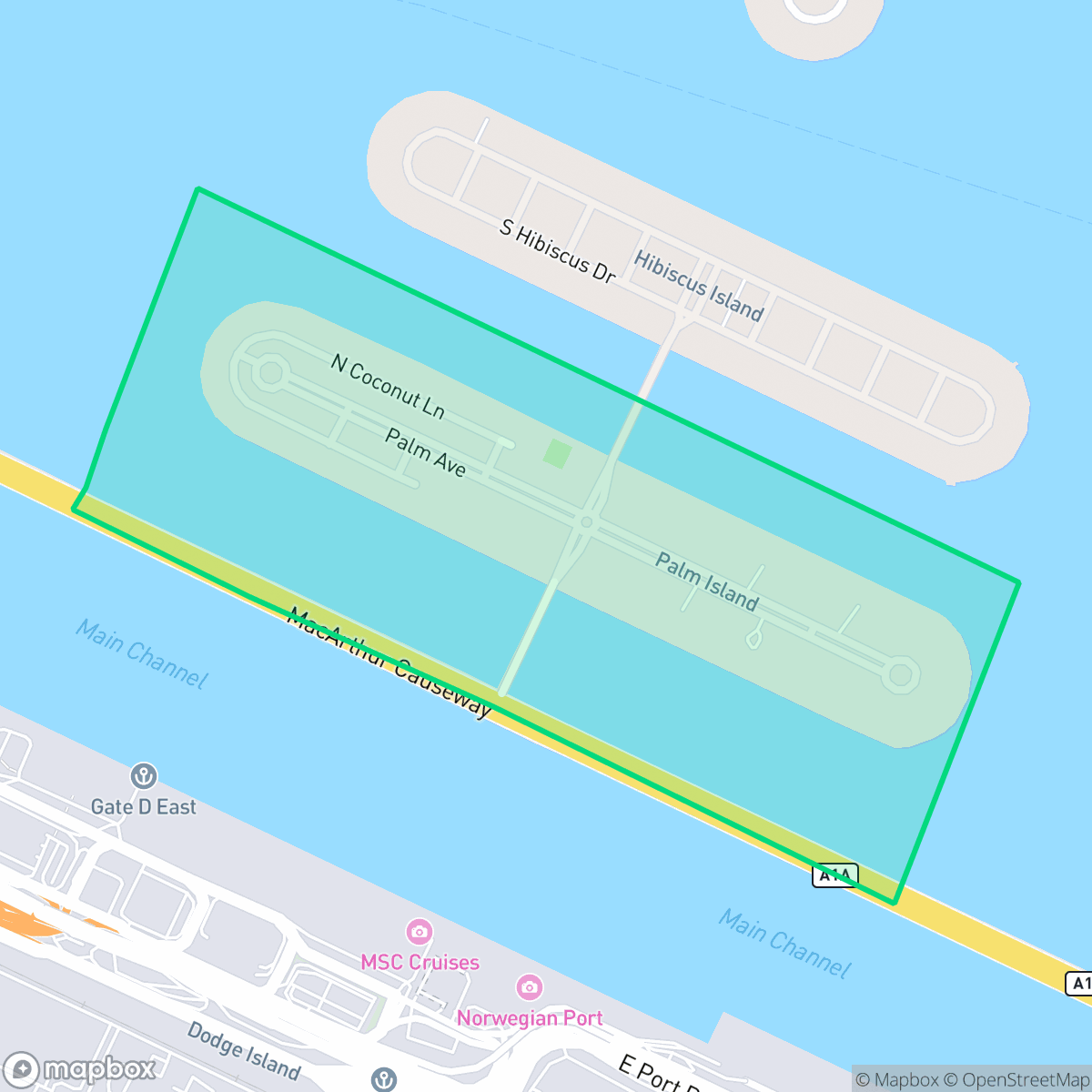 Map showing the location of Palm Island, Miami Beach, FL