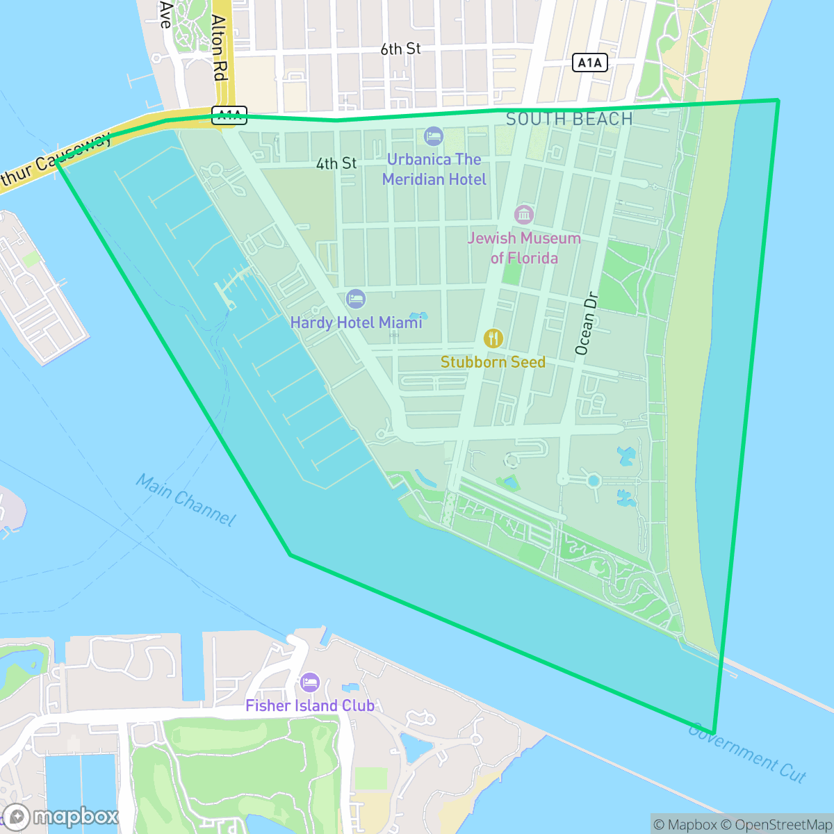 Map showing the location of South Pointe, Miami Beach, FL