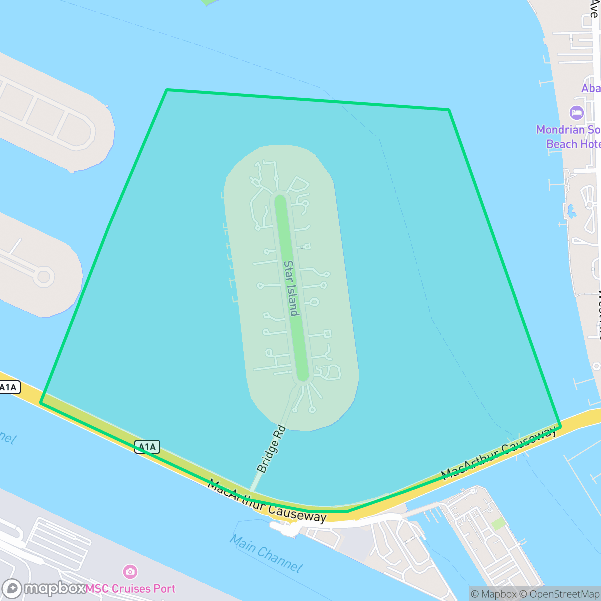 Map showing the location of Star island, Miami Beach, FL