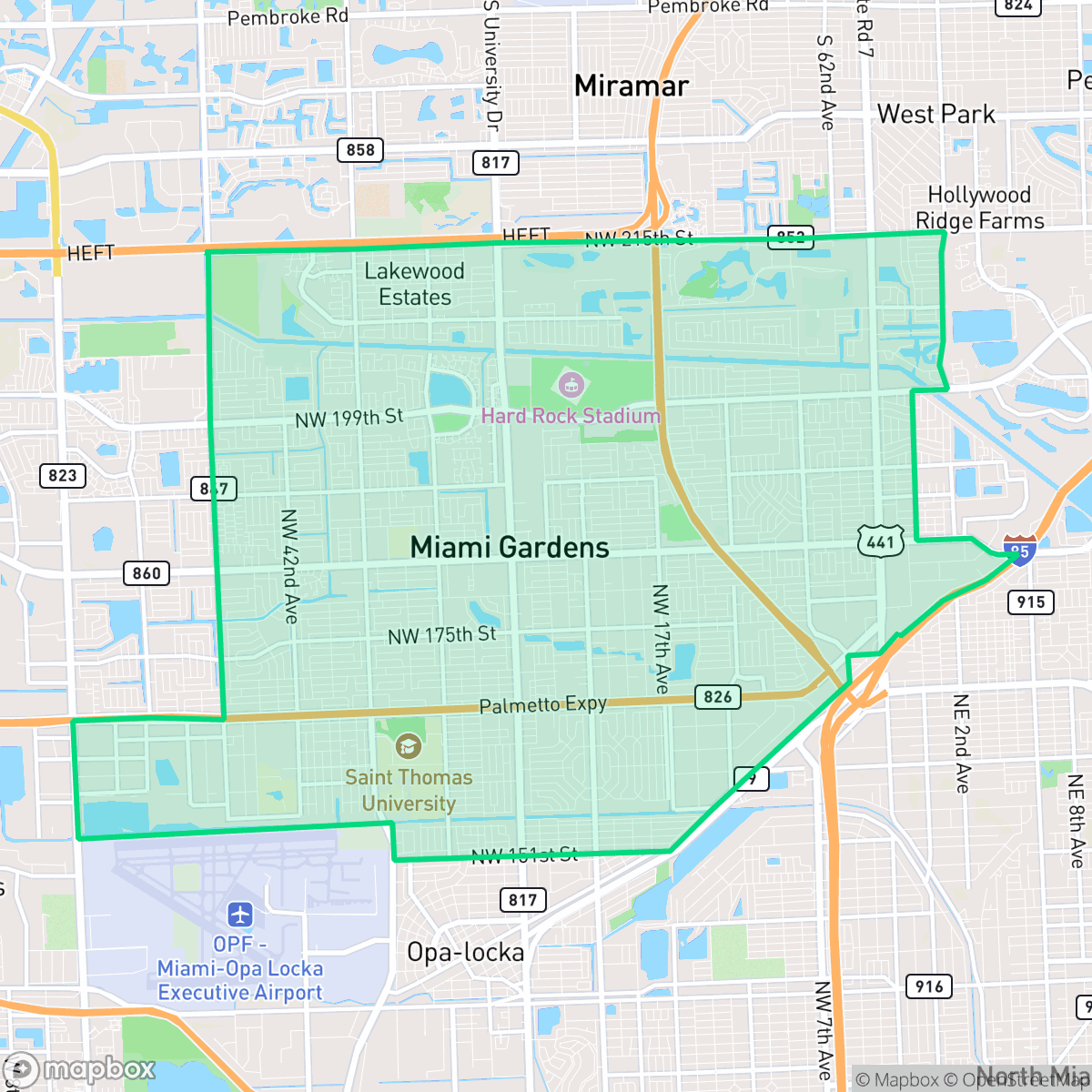 Map showing the location of Miami Gardens, FL — coverage area