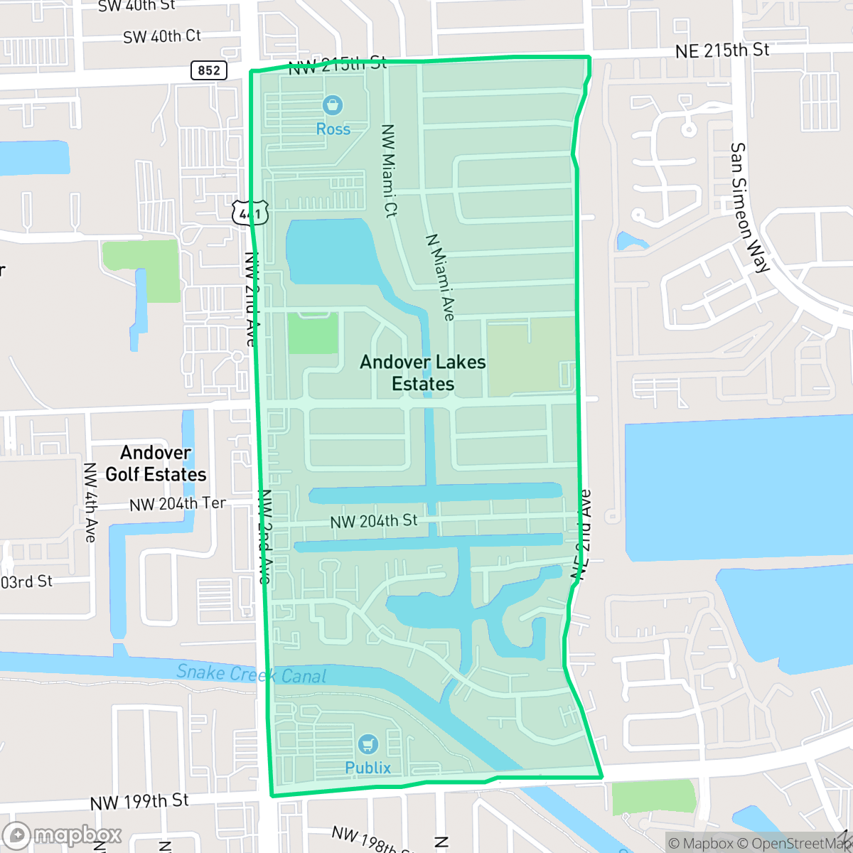 Map showing the location of Andover Lakes, Miami Gardens, FL