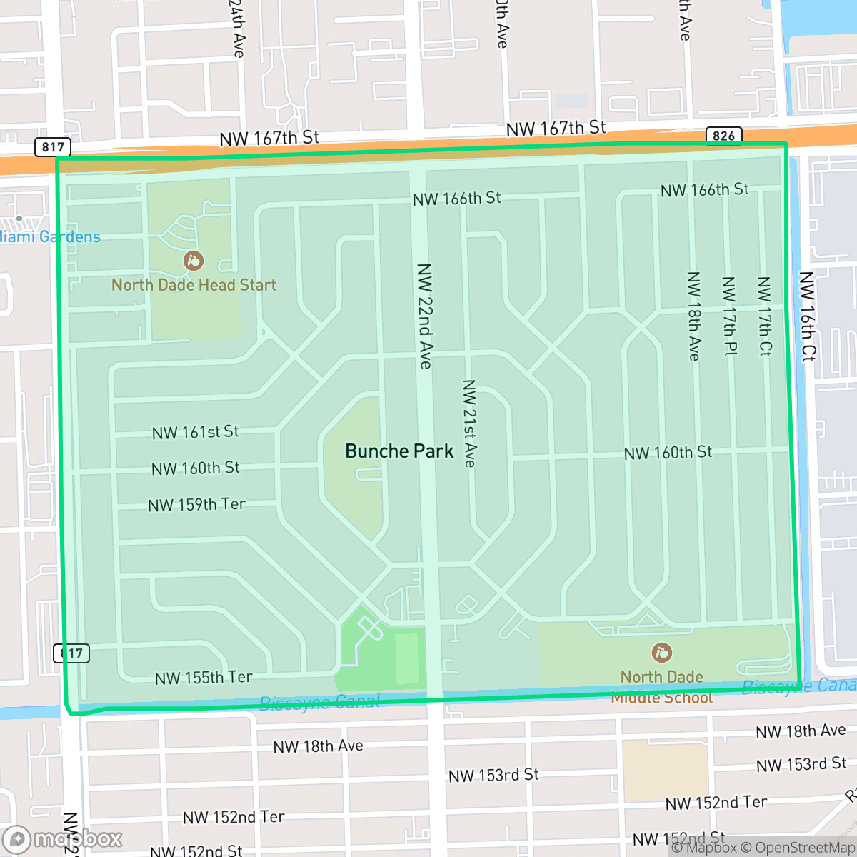 Map showing the location of Bunche Park, Miami Gardens, FL