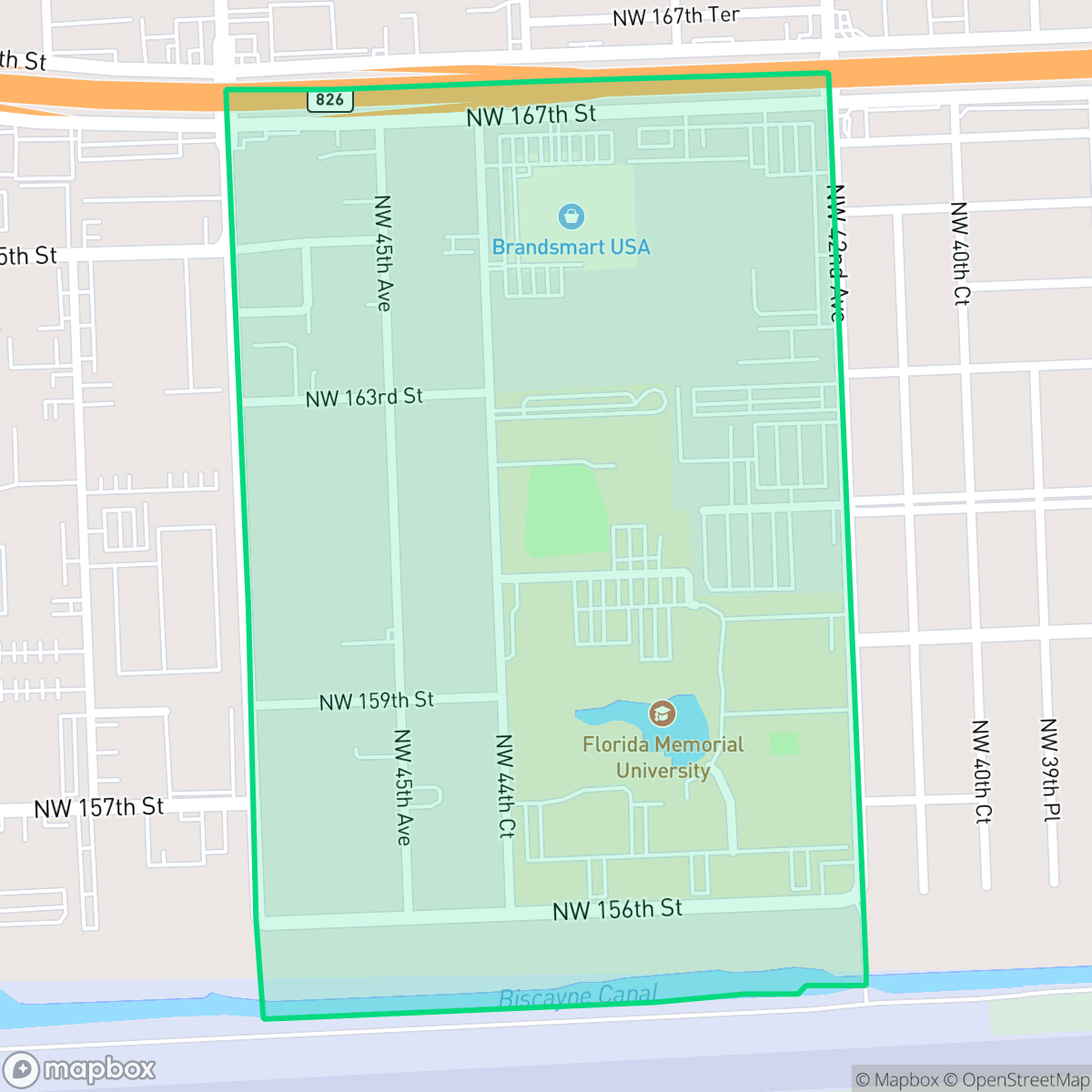 Map showing the location of Florida Memorial University, Miami Gardens, FL