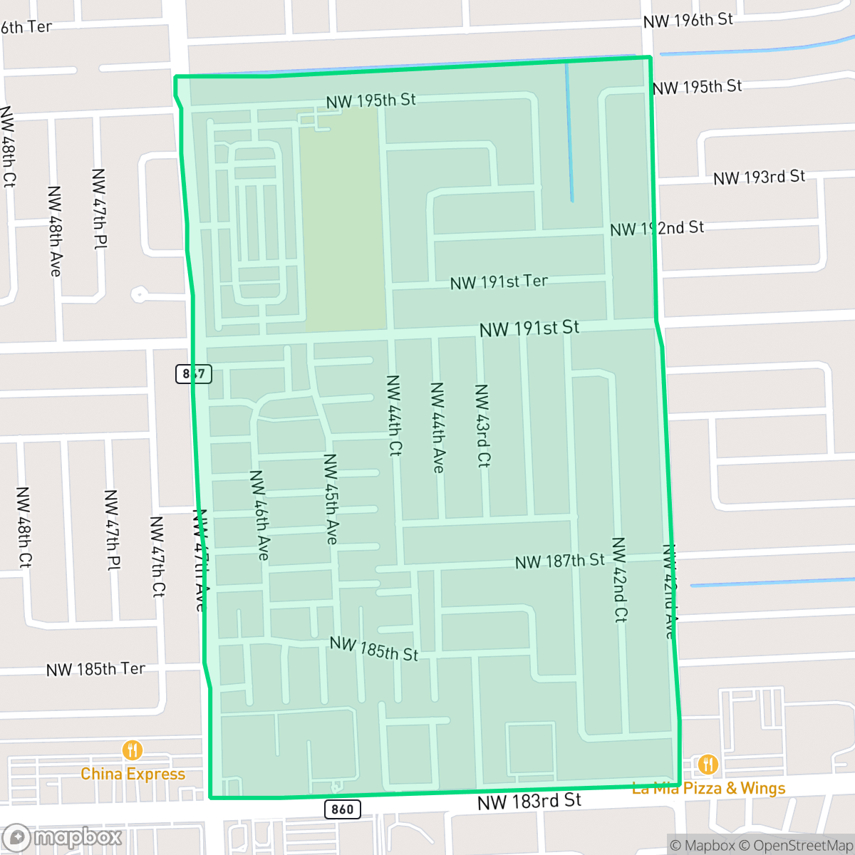 Map showing the location of King Gardens, Miami Gardens, FL
