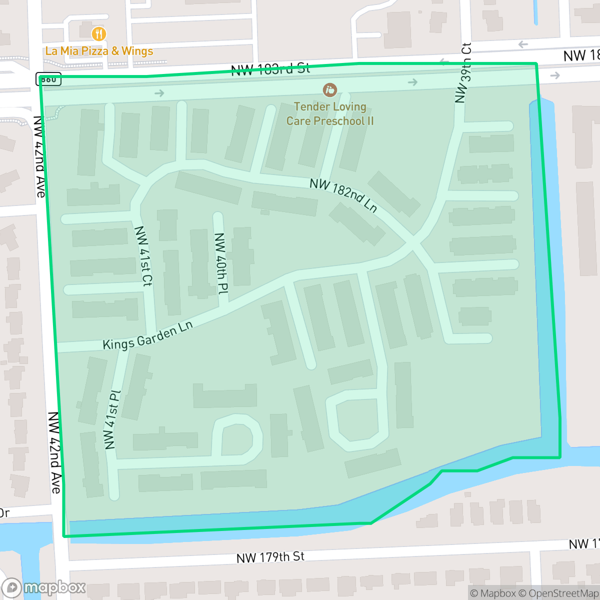 Map showing the location of Lejenue Gardens, Miami Gardens, FL