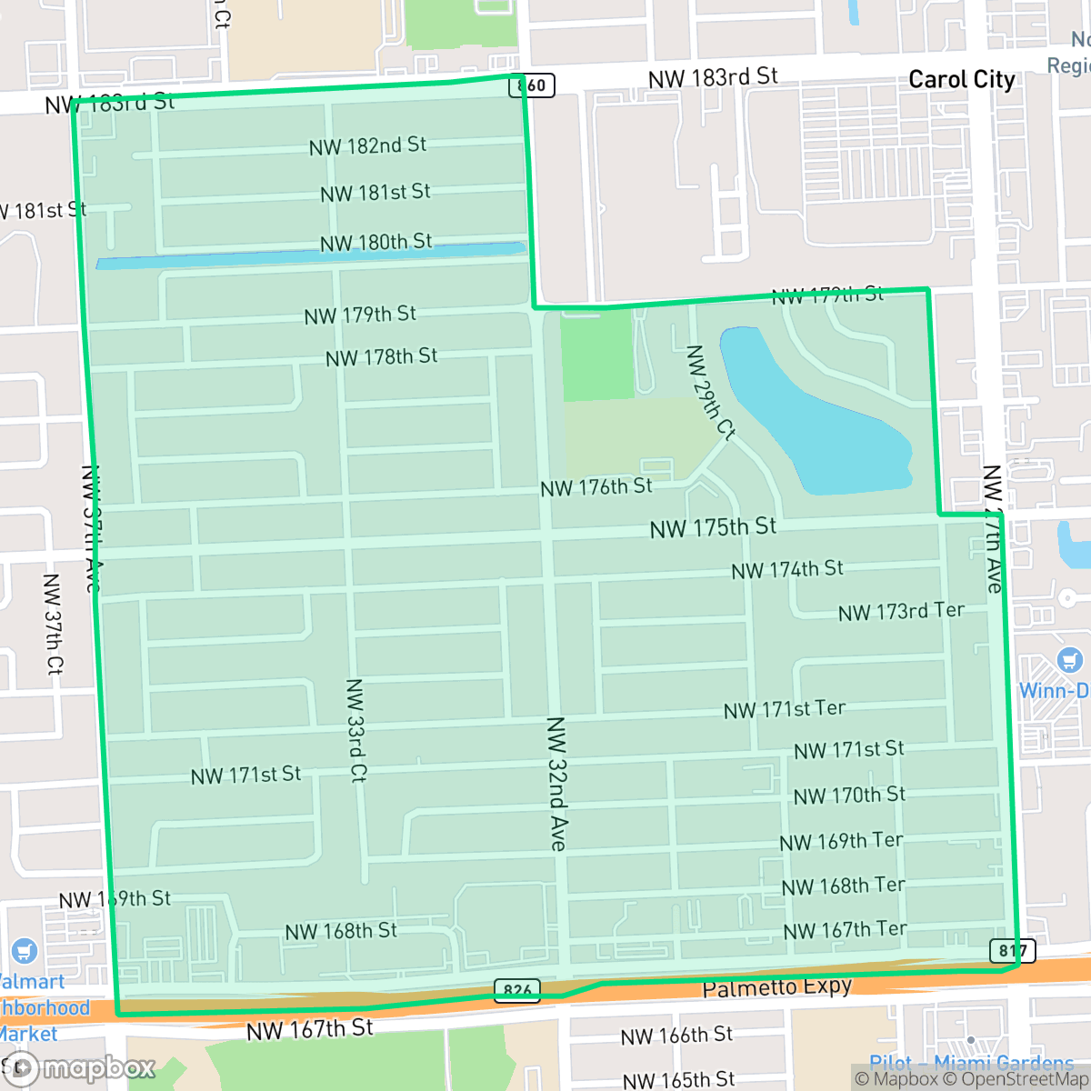 Map showing the location of Myrtle Grove, Miami Gardens, FL