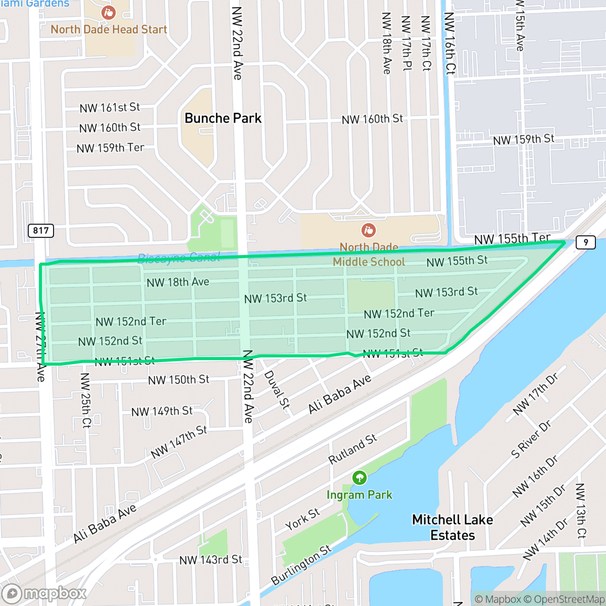 Map showing the location of Rainbow Park, Miami Gardens, FL