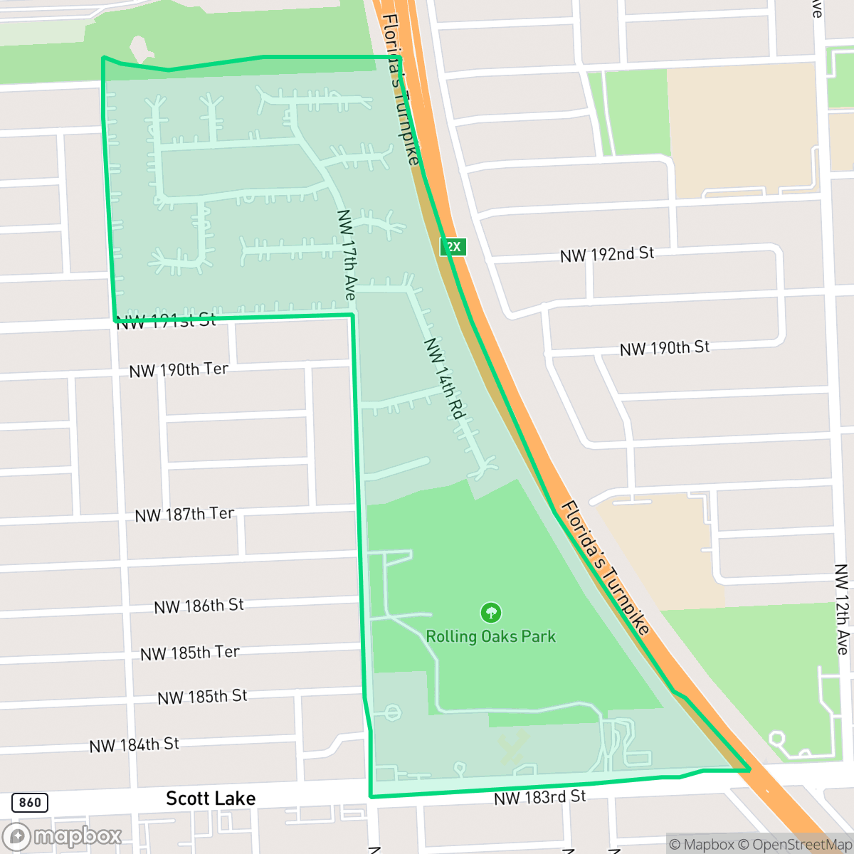 Map showing the location of Rolling Oaks, Miami Gardens, FL
