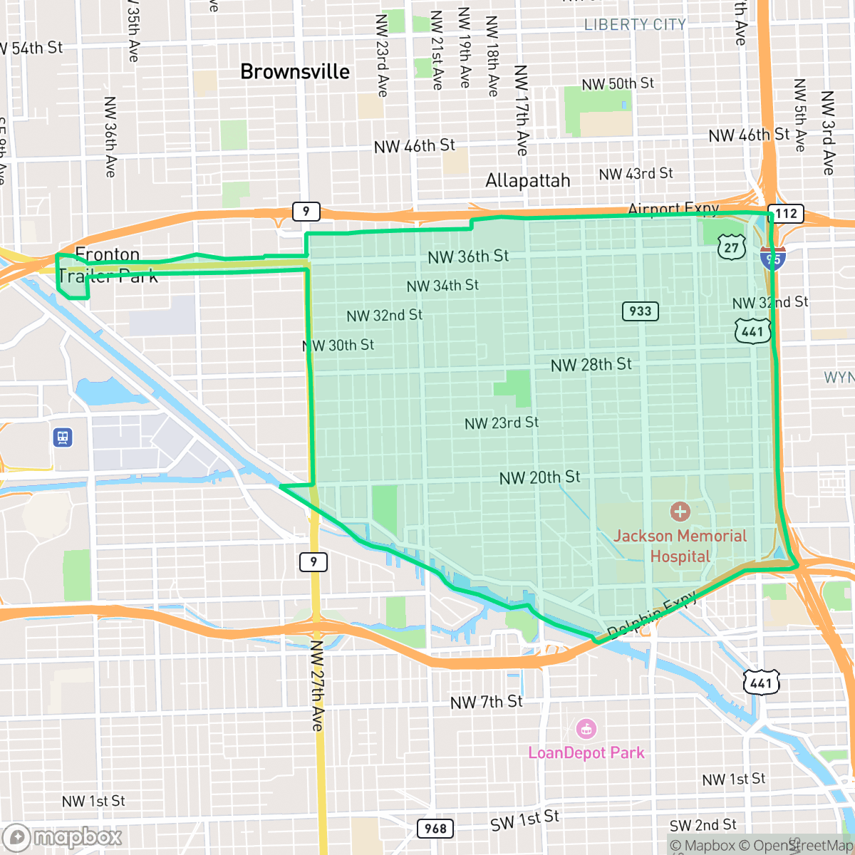 Map showing the location of Allapattah, Miami, FL