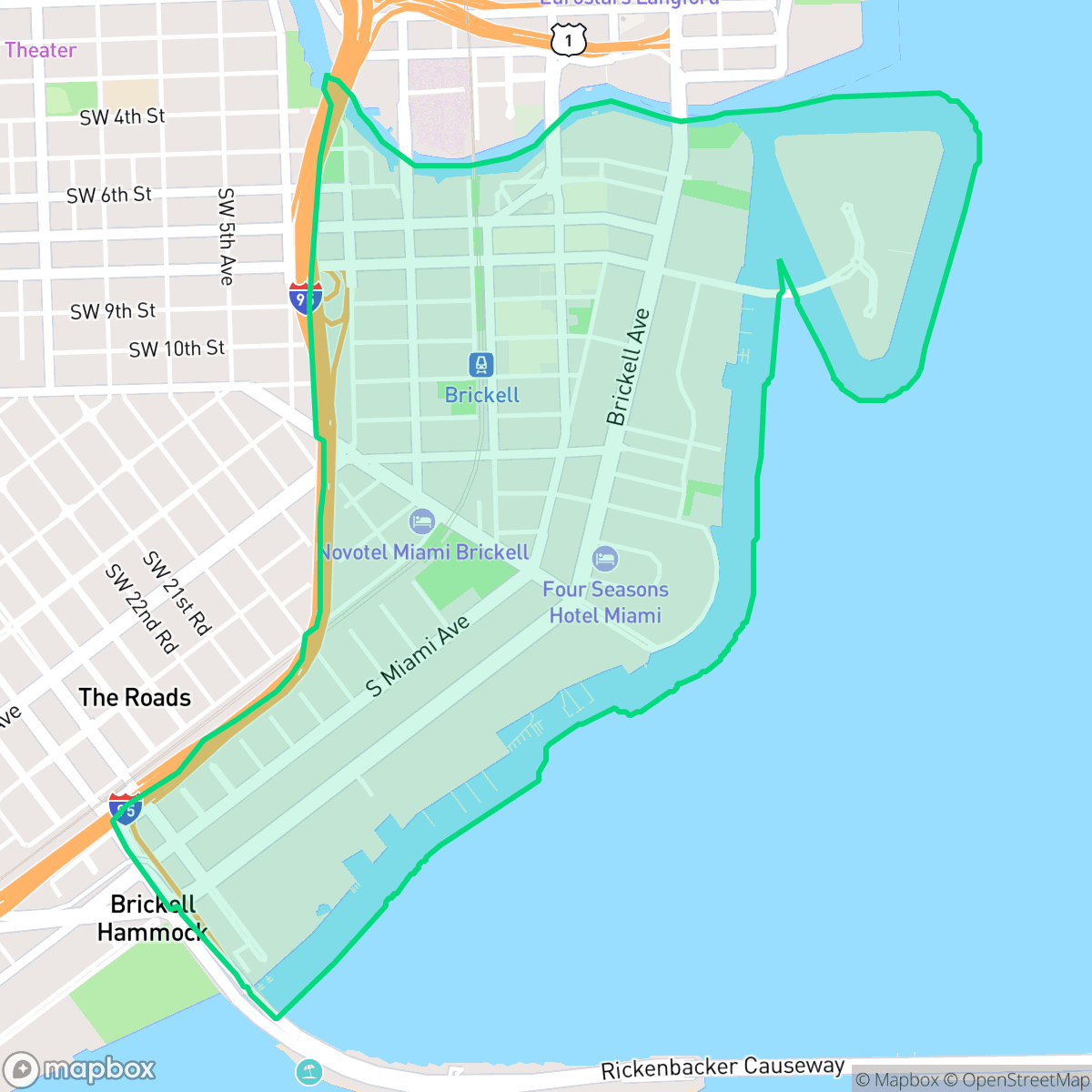 Map showing the location of Brickell, Miami, FL